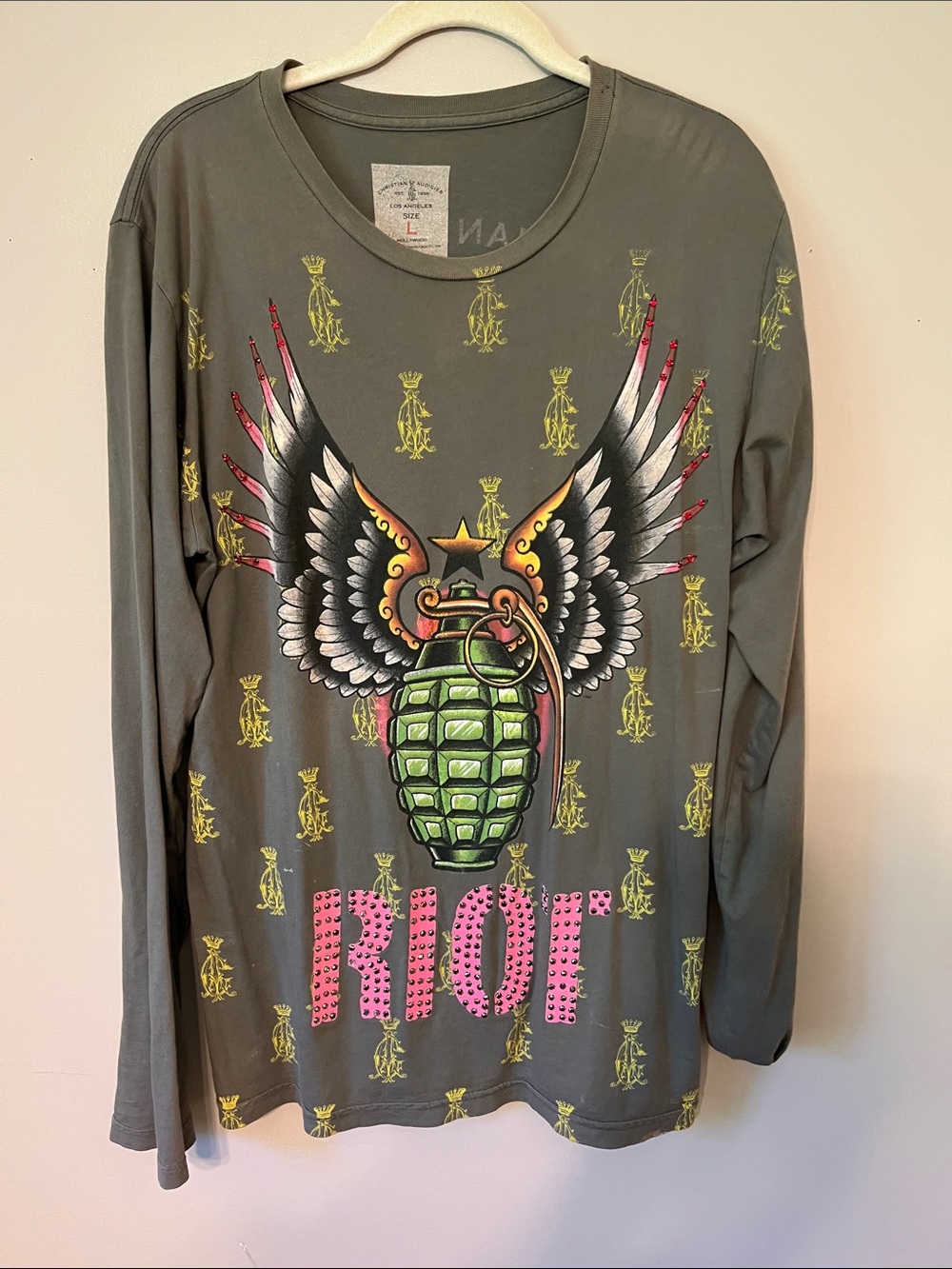 Womens Christian AudigierLong-Sleeve 'Riot' Graphic Tee - Olive Green